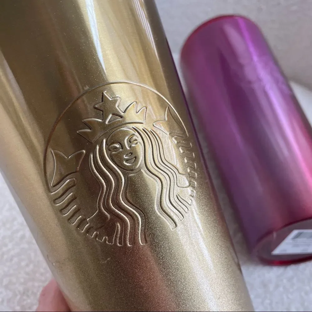 2 Starbucks Gradient Ombre Cold Cups Tumblers 24oz Gold Red 1 New 1 Preowned